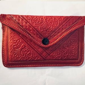 WALLET Leather Handcrafted Embossed Dark Red Topstitched NEW 7.75”L x 5”W